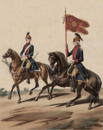 Louis XV - Dragons. Régiment du Dauphin. Capitaine / Régiment de Dauphin. Cornette postant le Guidon, aquarelle et gouache de Alfred de Marbot.