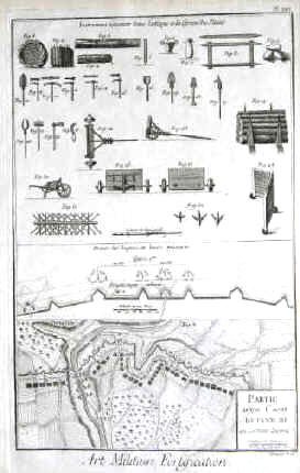 art militaires gravure originale de différents outils ou instruments dont on se sert dans l'attaque des places, partie d'un camp retranché en terrain inégal