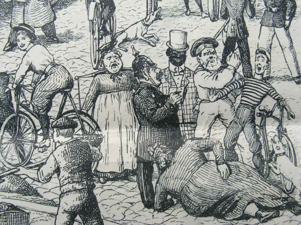 Ein Fahrrad-Unfall um 1900 in Hamburg. Karikatur von Christian Förster gezeichnet von Karl Josef Müller in Hamburg.