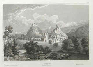 Le château de Tourbillon et la basilique de Valère à Sion dans le canton du Valais en Suisse, gravure 1850.