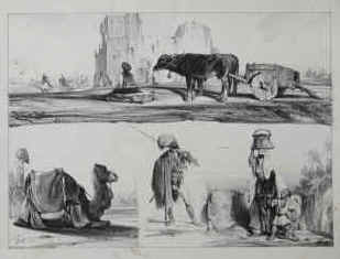 3l lithographs around 1830 by Alexandre-Gabriel Decamps: an Arab Caravan. A Bedouin and a camel in a desert landscape. A Bedouin chieftain and a Bedouin woman.