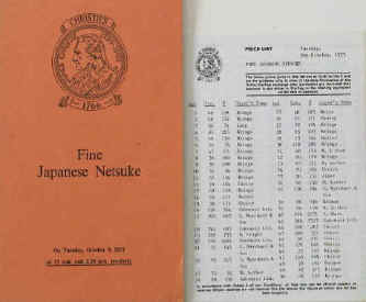Christie's ( Christie, Manson & Woods ) Fine Japanese Netsuke. Illustrated Catalogue. Wood and ivory netsuke collections - The Property of Their Royal Highnesses the Duke and Duchess of Gloucester / The property of R. J. Stallard, Esq. Catalogue of the Auction October 9, 1973 London, Christie's, 1973. Japan wood ivory carved netsukes