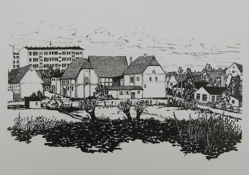Blick auf die Stadt Grevesmühlen vom Vielbecker See aus. 1976, Künstler Hannes Liebsch. 