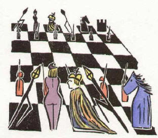 Das Schachspiel - handkolorierter Holzschnitt von  Elke Rehder