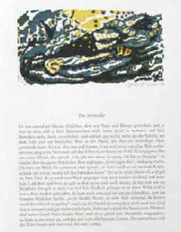 Teuber, Gottfried, geb. 1937 / Brüder Grimm "Die Sterntaler". Signiert. Handsignierter farbiger Original Linolschnitt von Gottfried Teuber zu einem Märchen der Gebrüder Grimm.  