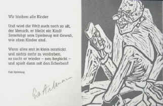 Aulmann, Eva - Spitzweg, Carl "Wir bleiben alle Kinder". Signiert. Handsignierter Original Linolschnitt von Eva Aulmann zu Carl Spitzweg. 