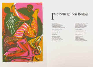 Koenigstein (Königstein), Georg, geb. 1937 "In einem gelben Boudoir". Signiert. Handsignierter farbiger Original Linolschnitt von Georg Koenigstein