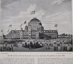 Die Moorweiden-Halle bei Gelegenheit des ersten allgemeinen kriegerfestes im Jahre 1883.