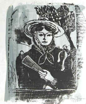artist Paul René Gauguin, Girl from Spain,  Spanish Woman. Woodcut with painting signed and dated 1935.