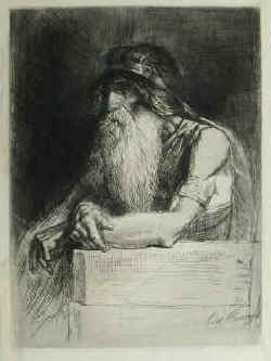 artiste Léopold Flameng - The old chief with helmet, bracelet and a long beard. Etching by Léopold Flameng, signed in the plate.