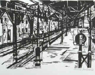 Malte Sartorius - Bahngelände. Holzschnitt von 1962 vom Künstler signiert.