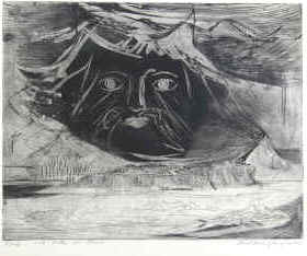 artist Paul René Gauguin - Olymbos. Etching from 1956, numbered and signed.