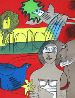 artist Corneille - Les amoureux de L'Isle-Adam. Color lithograph from 2001 numbered and signed by Corneille.