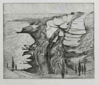 südliche Landschaft, Steilküste mit Zypressen. Original Radierung monogrammiert, datiert 61 (1961) und nummeriert. Auflage 100 Exemplare.