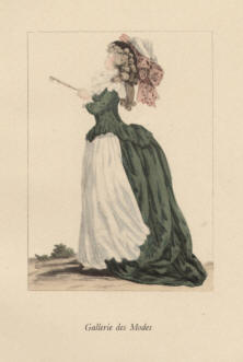 "Gallerie des Modes". Die handkolorierte Graphik zeigt eine Dame in der typischen Kleidung des 18. Jahrhunderts mit einem zusammengefalteten Fächer in der Hand.