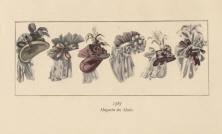 "1787 Magasin des Modes". Die handkolorierte Graphik zeigt sechs verschiedene Damenhüte aus dem 18. Jahrhundert.