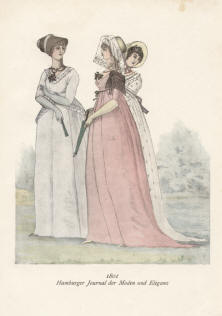 "1801 Hamburger Journal der Moden und Eleganz". Die handkolorierte Graphik zeigt drei Hamburger Damen in einer Parklandschaft um 1800