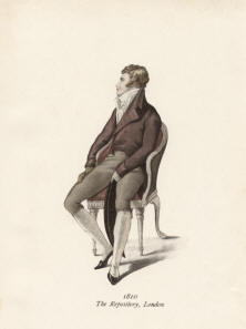 "1810 The Repository, London". Die handkolorierte Graphik zeigt einen englischen Gentleman auf einem Sessel sitzend.
