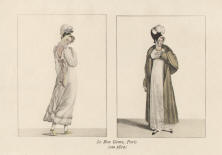 "Le Bon Genre, Paris (um 1810)". Blatt im Querformat mit zwei kleinen Lithographien: Links eine junge Dame im weißen Kleid und rechts eine junge Dame im Mantel.