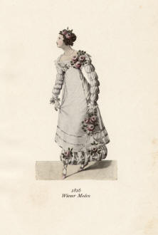 "1816 Wiener Moden". Die handkolorierte Graphik zeigt eine Dame im weißen Kleid mit Rosen.