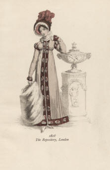 "1818 The Repository, London". Die handkolorierte Graphik zeigt eine englische Lady mit Staffage