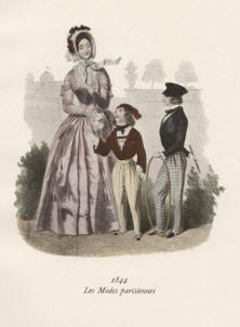 "Les Modes parisiennes 1844". Die handkolorierte Graphik zeigt eine Dame und zwei Knaben im Freien mit einem Spielreifen