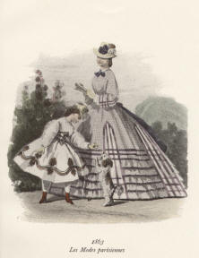 "Les Modes parisiennes 1863". Die handkolorierte Graphik zeigt eine Dame und ein Mädchen, das mit ihrem Hund spielt