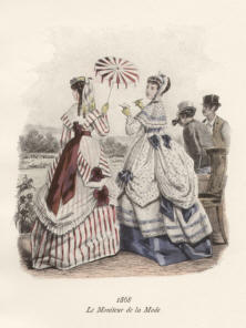 "Le Moniteur de la Mode 1868". Die handkolorierte Graphik zeigt zwei Damen mit Schirm und zwei Herren bei einem Pferderennen
