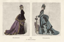 "La Mode artistique 1873". Die handkolorierte Graphik zeigt zwei Einzelbilder mit Damen in Besuchstoilette und in Straßentoilette.