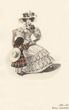 "1826, Juli, Wiener Zeitschrift". Die handkolorierte Graphik zeigt eine junge Dame auf einem Stuhl sitzend mit einem kleinen Mädchen mit Strohhut aus der Biedermeierzeit.