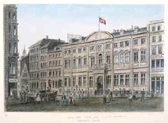 Heuer, Wilhelm Stadthaus (Stadthaus auf dem Neuen Wall 1887). - Handkolorierte Autographie von Wilhelm Heuer (Hamburg) Blatt- und Motiv-Format 20 x 29,6 cm (randlos). An den oberen Ecken rückseitig montiert auf Karton mit Passepartout-Ausschnitt. Handschriftlich mit Bleistift betitelt mit "Neuer Wall. Palais Görz (später Stadthaus) Stadthaus 1887". Auf dem Karton sind weitere Nummern und Vermerke seit 1929. Im Unterschied zur Abbildung im Werkverzeichnis weht auf dem Stadthaus hier die Hamburger Fahne statt einer blau-weiß-roten Fahne.