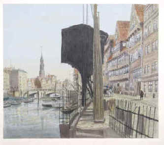 Heuer, Wilhelm Kehrwieder und Brooksbrücke. Nach Ebba Tesdorpf. - Handkolorierte Autographie von Wilhelm Heuer (Hamburg) Motiv-Format 29,0 x 33,5 cm. Randlos montiert auf Blatt im Format 35,4 x 46,4 cm. Autographie ganzflächig auf Karton montiert. Handschriftlich mit Bleistift auf dem Karton betitelt "Kehrwieder u. Brooksbrücke 1884 (Ebba Thesdorpff)". Sehr guter Zustand. Schönes farbkräftiges Bild. Werkverzeichnis Salamon AUT 37.