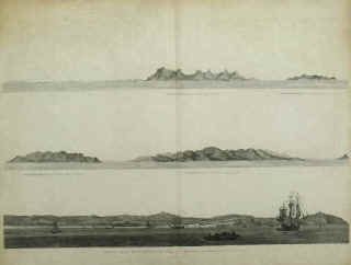 Cape Macartney and Cape Gower and view of the city of Ten-Tchoo-Foo from  Mi-A-Tau in China Shantung Peninsula 1796.