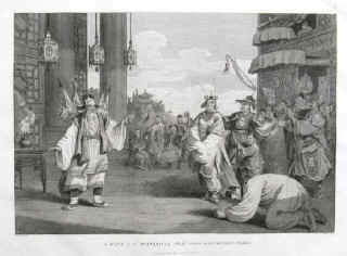 Chinese Theatre - William Alexander engraving. A Scene in an Historical Play exhibited on the Chinese Stage. Theatre in China. London, Nicol, 1796.