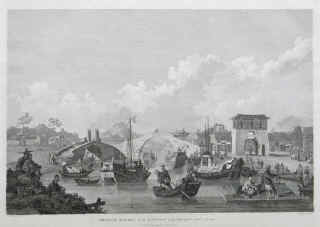 William Alexander antique print. Chinese Barges of the Embassy preparing to pass under a Bridge in China. London, Nicol, 1796.