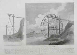 antique print - Section and Elevation of a Wheel used by the Chinese for raising Water in China. Drawn by J. Barrow 1796.