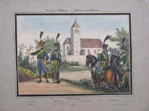 Escher, Albert von Original handkolorierte Lithographie " Zürcher Milizen - Milices zuricoises. 1804 / Ordon, vom 13. März 1804. Standeslegion. Hauptmann / Capitaine, Wachtmeister / Maréchal de logis, Chevauxlégers." von Albert von Escher. Tafel aus "Die Schweizer Milizen - Les milices suisses" Motiv-Format 20,0 x 28,3 cm. Blatt-Format 31,1 x 42,4 cm. Druck der Lithografie (Zürich), (A. v. Escher), ca. 1890. Farbige Kreidelithografie an den beiden oberen Ecken montiert auf Kartonblatt