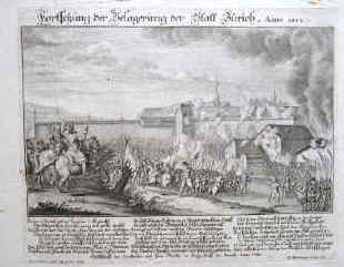 Gesellschaft der Constabler und Feuerwerker Zürich / Herliberger (Herrliberger), D. Original Kupferstich von 1741. "Fortsetzung der Belagerung der Statt Zürich. Anno 1444.". Blatt-Format 31,0 x 37,0 cm. Format des Kupferstichs 23,2 x 28,5 cm. Kupferstecher D. Herliberger ("sculp. dir." - rechts unten im Stich signiert). Künstler Joh. Simlerus ("Artil, Cap, p, im, et del" - im Stich links unten signiert). In Kupfer gestochener Einblattdruck. Herausgegeben von der Gesellschaft der Constabler und Feur-Wercker im Zeug-Haus zu Zürich. Anno 1741. 