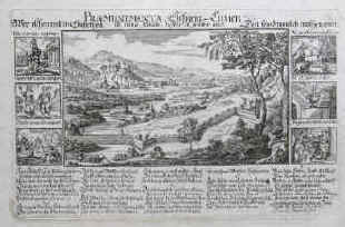 Gesellschaft der Constabler Zürich / Meyer, Johannes Original Kupferstich von 1705. "Schirm-Linien. Wer ruhen wil in Sicherheit, Den Feind von sich entfehrne weit / Praemunimenta. Ut tutus fedeas, hostes a fedibus arce." Blatt-Format 32,5 x 42,0 cm. Format des Kupferstichs 18,7 x 29,8 cm. Kupferstecher Johann Meyer ("Johannes Meyerus fecit" - rechts unten im Stich signiert). In Kupfer gestochener Einblattdruck. Herausgegeben von der Gesellschaft der Constafflern im Zeug-Hause zu Zürich. Anno 1705. 