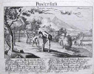 Bürgerbibliothek Zürich  Original Kupferstich von 1730. "Posterifati" Blatt-Format 26,7 x 31,8 cm. Format des Kupferstichs 22,5 x 28,5 cm. Kupferstecher J. L. ("J. L. f = fecit" - rechts unten im Stich signiert). In Kupfer gestochener Einblattdruck. Einer Kunst und Tugend l. (liebenden) Jugend ab der Bürger Bücherey zu Zürich am Neujahrstag verehrt. Anno 1730. 