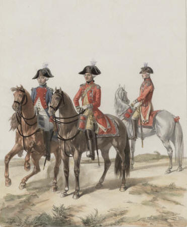 Capitaine dans Royal Cavalerie de 1784-1788 et S. Lieutenant de Gendarmes Écossais de 1785 à 1788 et Enseigne de Gendarmes de la Reine. Belle aquarelle sur lithographie de Alfred de Marbot.
