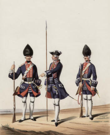 1745 - Louis XV - Infanterie Française. Régiment des Grenadiers de France. Grenadier et Officier et Corporal, lithographie coloriée à la main de Alfred de Marbot.
