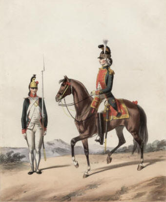 Lithographie au crayon, coloriée à l'aquarelle et gouache de Alfred de Marbot, 1812-1865 historien et peintre français.