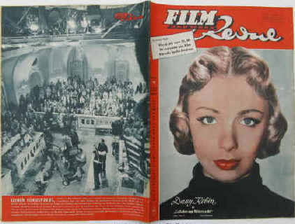 Film und Mode Revue. Die deutsche Filmillustrierte von Rang. Farbige Titelseite mit Dany Robin in "Geliebte um Mitternacht". 7. Jahrgang Nummer 19 / 1953. Karlsruhe, Neue Verlags-Gesellschaft, 1953. 32 Seiten mit zahlreichen Abb. Großformat: 26,5 x 37 cm. Inhalt u.a Porträt O. W. Fischer / Carmen Sevilla und Luis Mariano in "Die Veilchen der Kaiserin" / Ingmar Berman Film "Die Zeit mit Monika" / Ilse Werner in "Der Vogelhändler" / Die taubstumme Mandy /  Einbandrückseite mit Szene aus dem Curt Goetz Film "Hokuspokus".