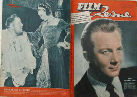 Film-Revue. Die deutsche Filmillustrierte von Rang. Farbige Titelseite mit Tenor Rudolf Schock 8. Jahrgang Nummer 2 / 1954. Karlsruhe, Neue Verlags-Gesellschaft, 1954. 32 Seiten mit zahlreichen Abb. Großformat: 26,5 x 37 cm. Inhalt u.a.: Bambi-Ehrung in Hamburg / Maria Schell in "Die letzte Brücke" / Bericht über Harry Meyen / Sir Olivier und Vivien Leigh / Bericht über Esther Williams / "Meines Vaters Pferde" mit Eva Bartok, Anneliese Kaplan, Martin Benrath, Curd Jürgens und Sonja Sutter / "Hochzeitsglocken" mit Marianne Hold und Erwin Strahl / Jean Gabin in "Die Nacht ohne Ufer" / Foto-Bericht über O. W. Fischer / Besuch bei Helmut Schneider in München . Einbandrückseite mit Charles Laughton mit Jean Simmons in dem Film über Henry VIII.