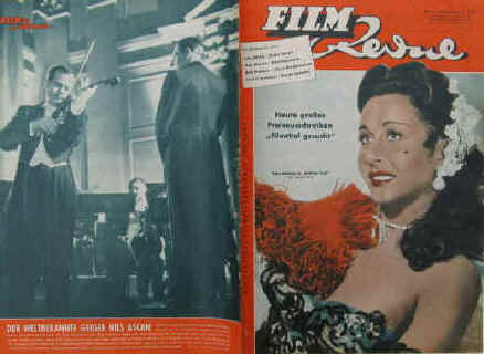 Film-Revue. Die deutsche Filmillustrierte von Rang. Farbige Titelseite mit Portrait von Vera Ralston in "Jubilee Trail" 8. Jahrgang Nummer 6 / 1954. Karlsruhe, Neue Verlags-Gesellschaft, 1954. 32 Seiten mit zahlreichen Abb. Großformat: 26,5 x 37 cm. Inhalt u.a.: zu Besuch bei Luise Ullrich in ihrer Wohnung / Hertha Feiler, Peter Pasetti, Inge Egger und Erwin Strahl in "Dein Mund verspricht mir Liebe" / Bericht über Zarah Leander / Sonja Ziemann / Portrait Ruth Niehaus / Claus Biederstaedt und Ingrid Pan in St. Moritz / Paul Hubschmid und Colette Marchand in "Ungarische Rhapsodie" / Rita Hayworth in "Miss Sadie Thompson" / Francoise Arnoul in "Zur Liebe verdammt" / Jean Marais in Die Höllenmaschine  ( la machine infernale) von Cocteau Einbandrückseite mit dem Geiger Nils Ascan