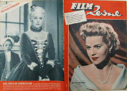 Film-Revue. Die deutsche Filmillustrierte von Rang. Farbige Titelseite mit Kristina Söderbaum in "Verrat an Deutschland" 8. Jahrgang Nummer 18 / 1954. Karlsruhe, Neue Verlags-Gesellschaft, 1954. 32 Seiten mit zahlreichen Abb. Großformat: 26,5 x 37 cm. Inhalt u.a.: Bildbericht über "Geständnis unter vier Augen" mit Hildegard Knef, Ivan Desny, Carl Raddatz und Werner Hinz / "Hochstablerin der Liebe" mit Hilde Krahl, Viktor de Kowa und Viktor Staal / Interview mit Ursula Thieß / Porträt Bernhard Wicki / Kinderstar Oliver Grimm / Filmaufnahmen zu "Sehnsucht nach Deutschland" mit Albert Lieven Einbandrückseite mit Martine Carol als Madame Dubarry