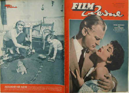 Film-Revue. Die deutsche Filmillustrierte von Rang. Farbige Titelseite mit Sonja Ziemann und Curd Jürgens in "Liebe ohne Illusion" 9. Jahrgang Nummer 7 / 1955 Karlsruhe, Neue Verlags-Gesellschaft, 1955. 40 Seiten mit zahlreichen Abb. Großformat: 26,5 x 37 cm. Inhalt u.a.: Bildbericht über Sonja Ziemann / Carl Raddatz berichtet aus Afrika / "Der Schmid von St. Bartholomä" mit Viktor Staal / Bei Adrian Hoven privat / Portrait Richard Burton / Bildberich Lina Carstens / Bericht von der Bambi-Verleihung / "Flammen über Fernost" mit Gregory Peck / Vico Torriani als Koch / Jean Marais: Mein Leben Teil 7 / Hinterere Umschlagseite mit Winnie Markus und Sohn Alexander