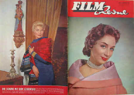 Film-Revue. Farbige Titelseite Sybil Werden als Eontessa Elena in "Griff nach den Sternen" 9. Jahrgang Nummer 10 / 1955. Karlsruhe, Neue Verlags-Gesellschaft, 1955. 36 Seiten mit zahlreichen Abb. Großformat: 26,5 x 37 cm. Inhalt u.a.: Glück und Qual von Maria Schell / Filmbericht Luise Ullrich / Sybille Schmitz Bildbericht / Frou-Frou mit Ivan Desny und Dany Robin / Porträt Erwin Strahl / Kirk Douglas als Cowboy / Frank Sinatra in "Der Attentäter" / Jean Marais: Mein Leben Teil 10. Hinterere Umschlagseite mit Farb-Portrait von Winnie Markus. 