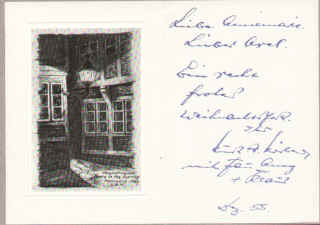 Handsignierter Autograph von Kurt A. Körber. Weihnachtsgruß auf einer Klappkarte, datiert Dezember 1955. Karte handschriftlich signiert. Auf der linken Seite der Klappkarte (Format 14,5 x 10,5 cm) ist eine Abbildung nach einer Handzeichnung von Kurt A. Körber montiert mit dem Titel: "Abendfrieden, Peace in the Evening" Hamburg 1955 K. A. K. (s. Abbildung). Kurt A. Körber (1909 - 1992) Unternehmer Hauni Maschinenbau Hamburg Bergedorf. Mäzen und Förderer der Deichtorhallen, Thalia Theater, Körber-Stiftung. 